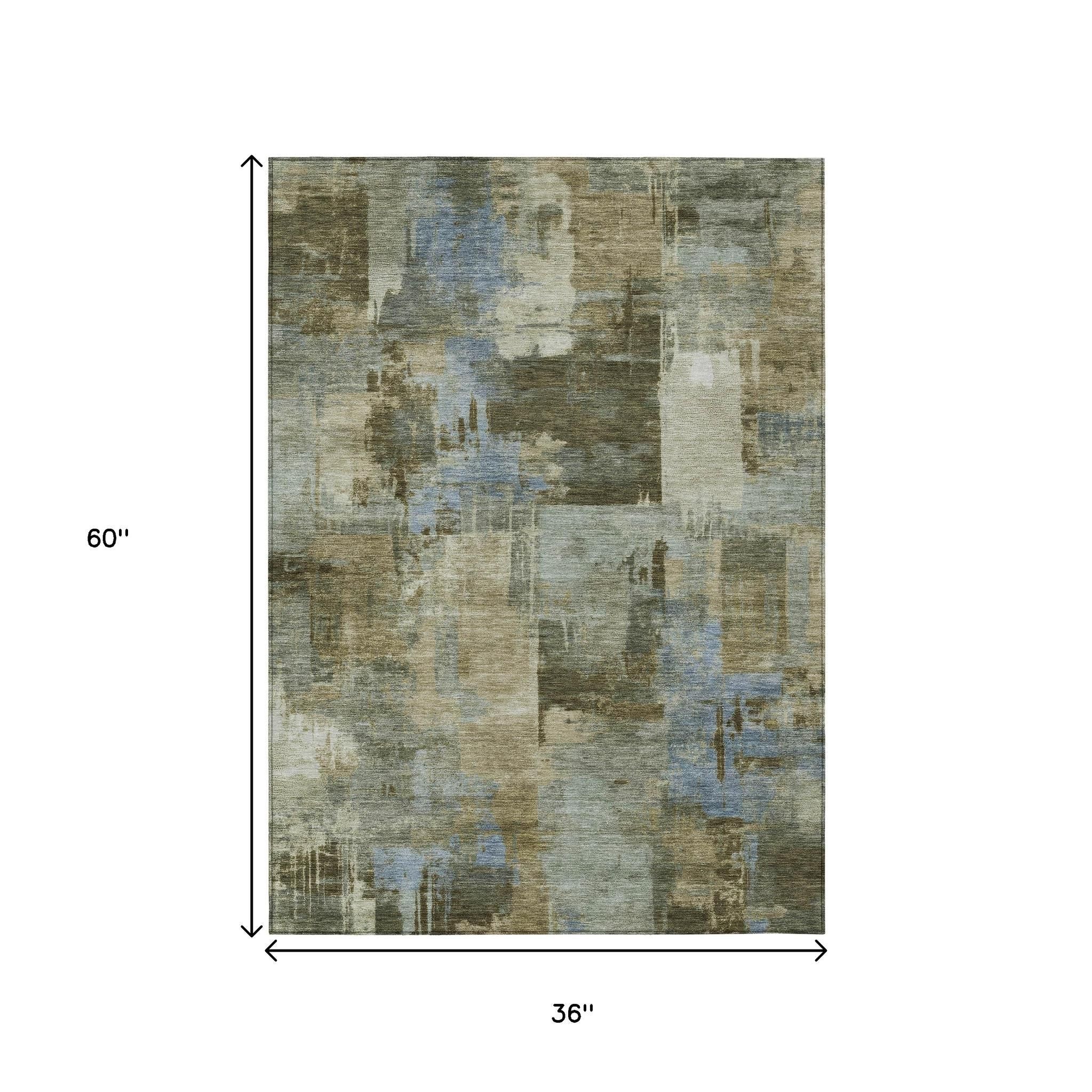 3' X 5' Green Gray And Sky Blue Abstract Washable Indoor Outdoor Area Rug