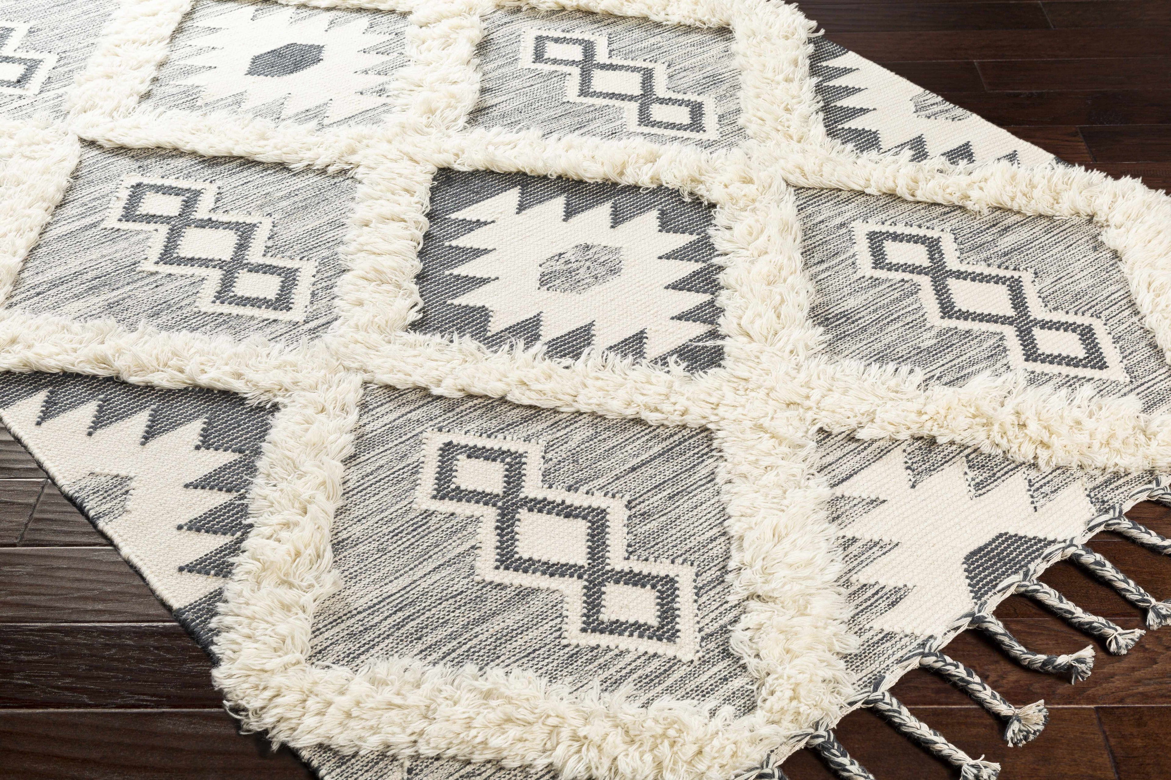 Sultan Charcoal/Beige Tribal Tassel Wool Rug - Clearance