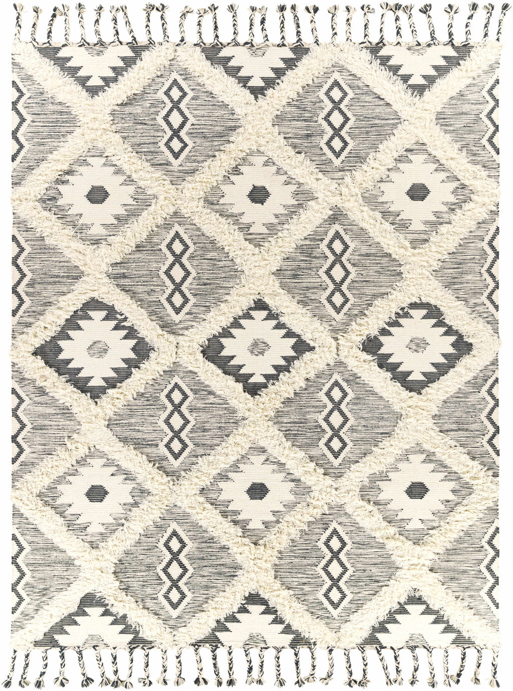 Sultan Charcoal/Beige Tribal Tassel Wool Rug - Clearance