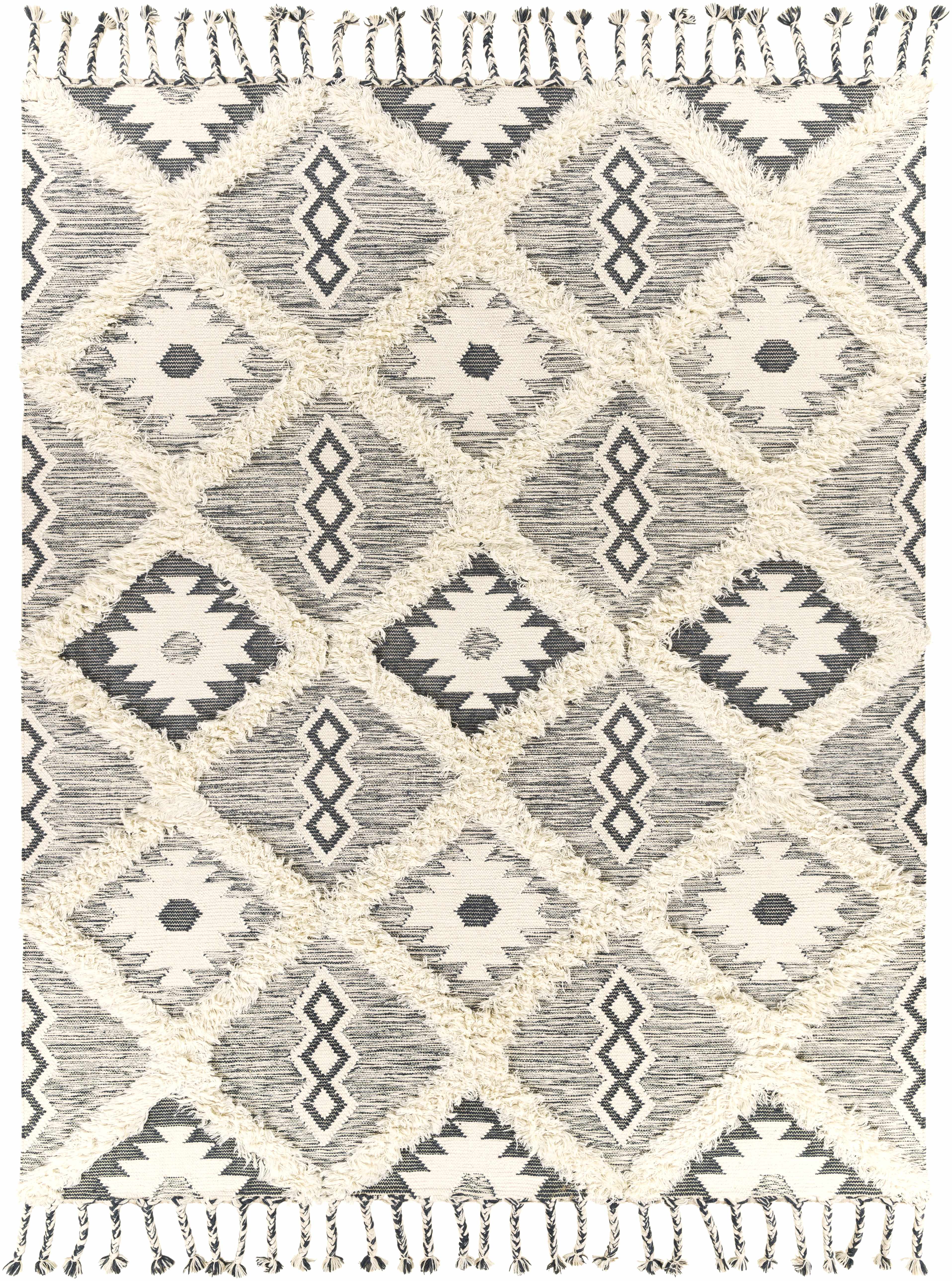 Sultan Charcoal/Beige Tribal Tassel Wool Rug - Clearance